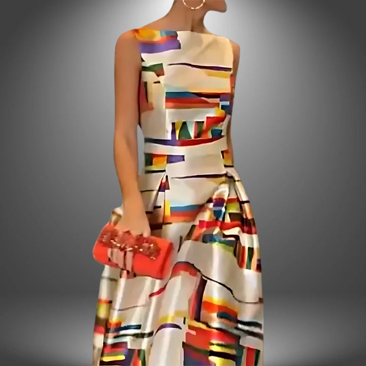 Full-length view of Women's Sleeveless Geometric Maxi Dress showing relaxed fit and striking geometric pattern detail