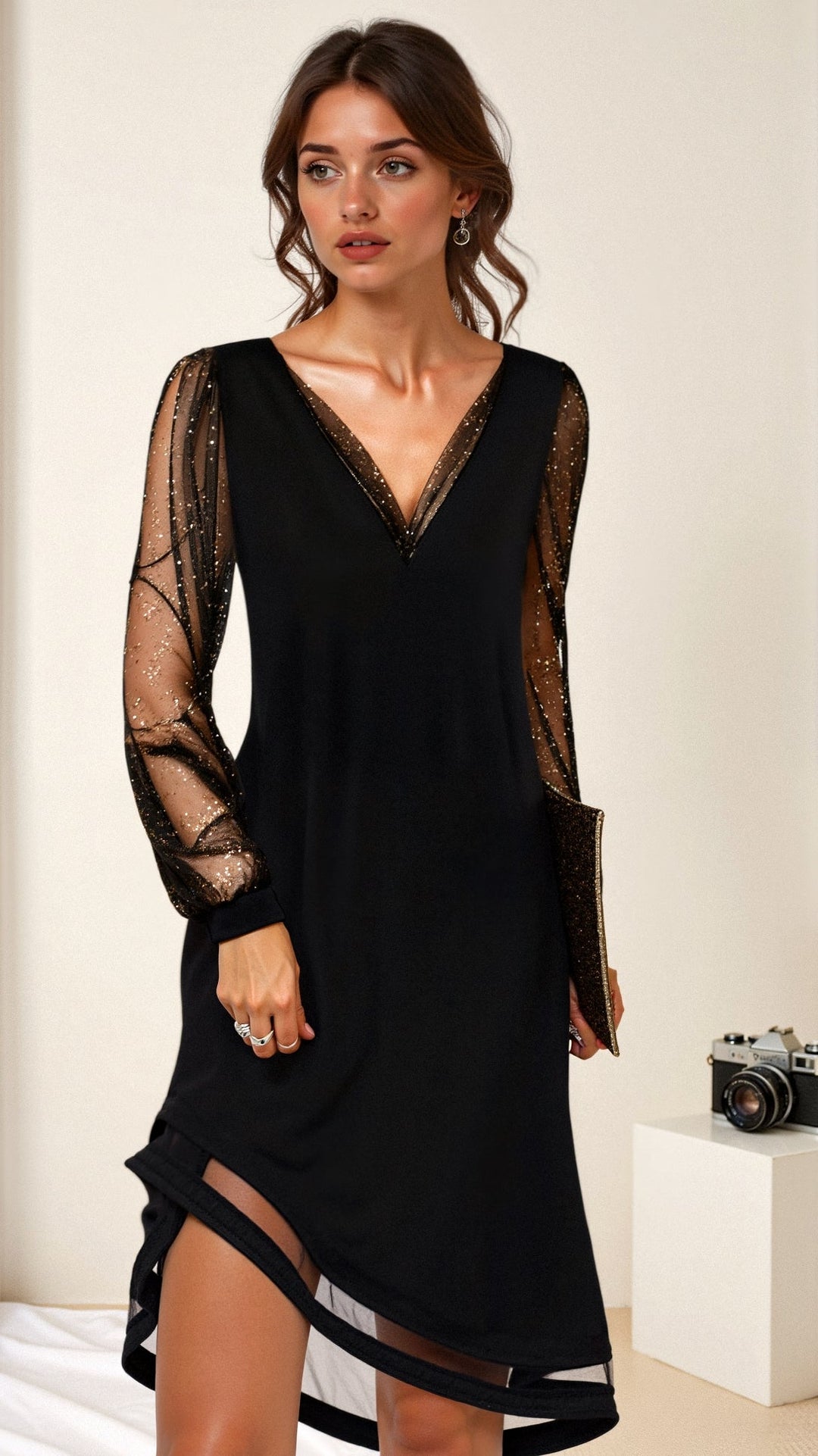 Women's Summer Sequined Evening Party Dress with sheer sequined sleeves and deep V-neckline in flowing silhouette