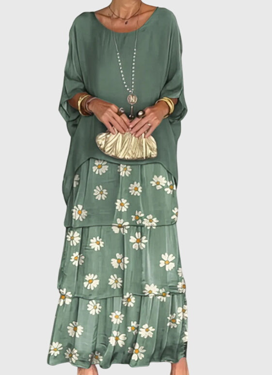 Flowing movement of three-tier skirt on womens bohemian maxi dress