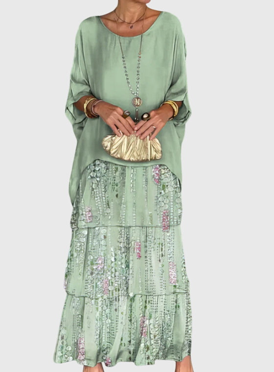 Side angle showing relaxed fit and layered silhouette of boho maxi dress