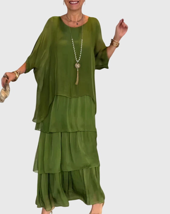 Complete look of womens boho layered maxi shorts dress for summer styling