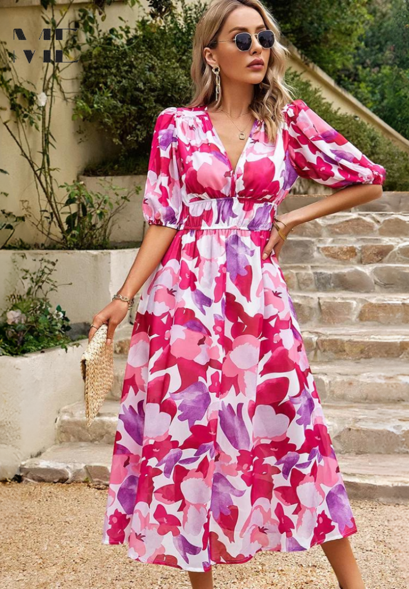 Detail of elasticated waist tie on Women's Abstract Print Midi Dress for adjustable fit