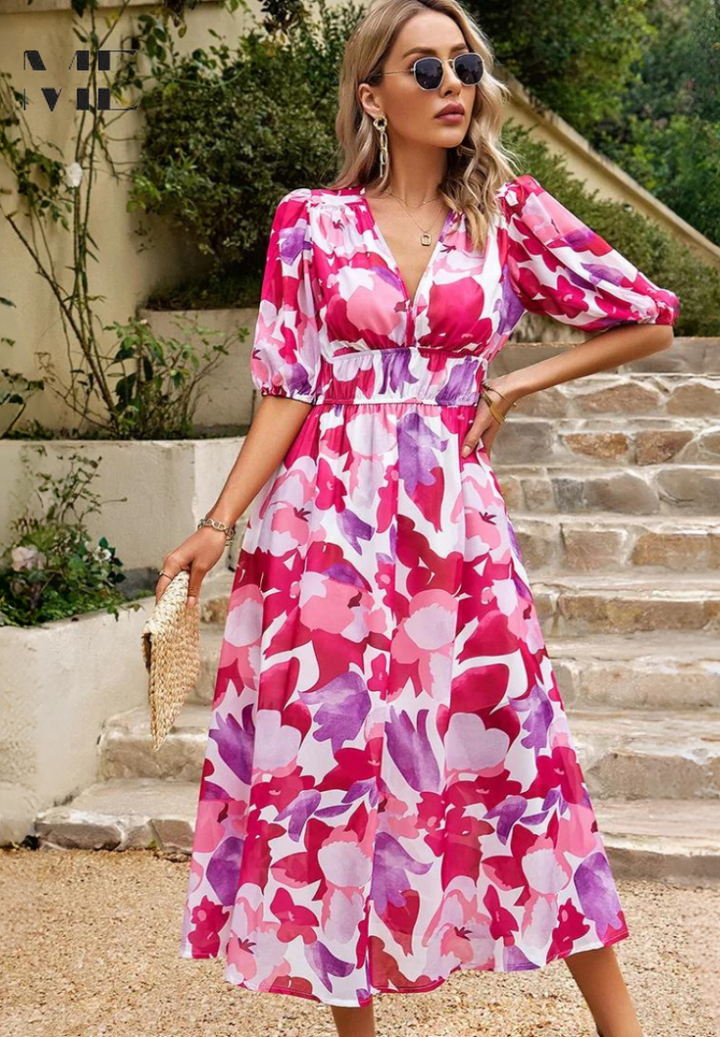Detail of elasticated waist tie on Women's Abstract Print Midi Dress for adjustable fit