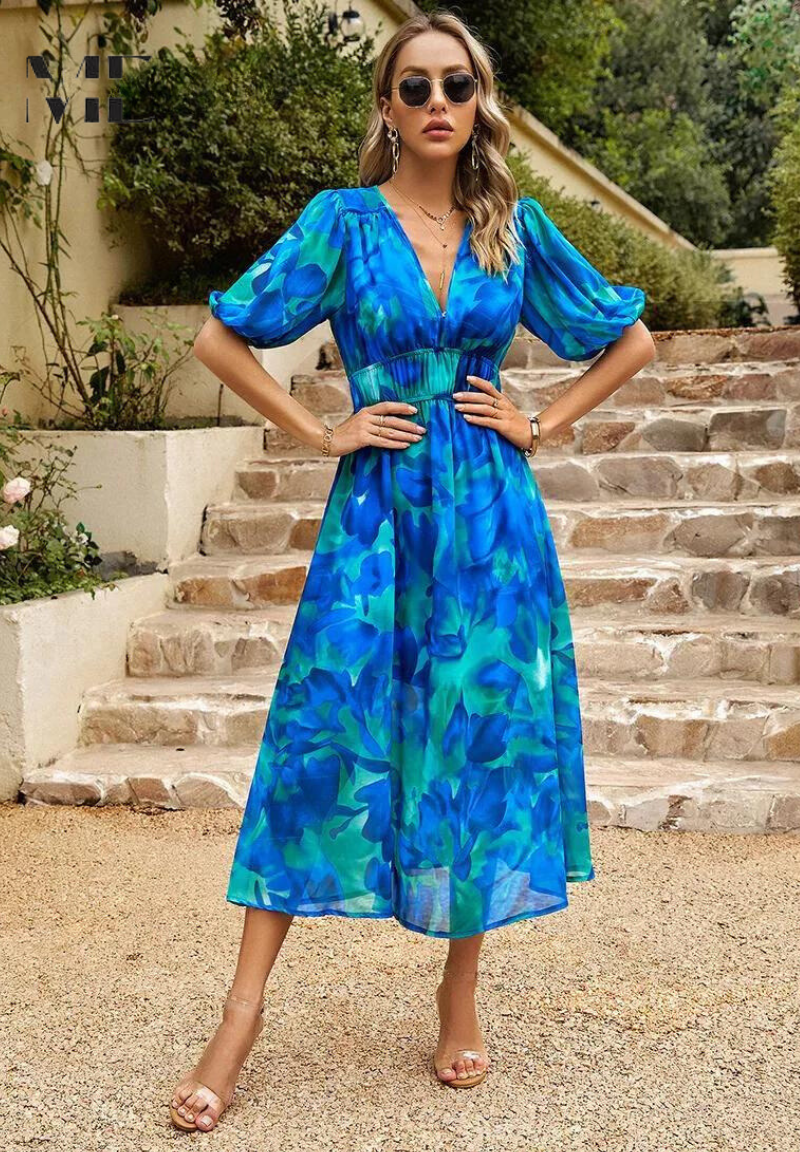 Women's Abstract Print Midi Dress styled with woven clutch and sunglasses for garden party