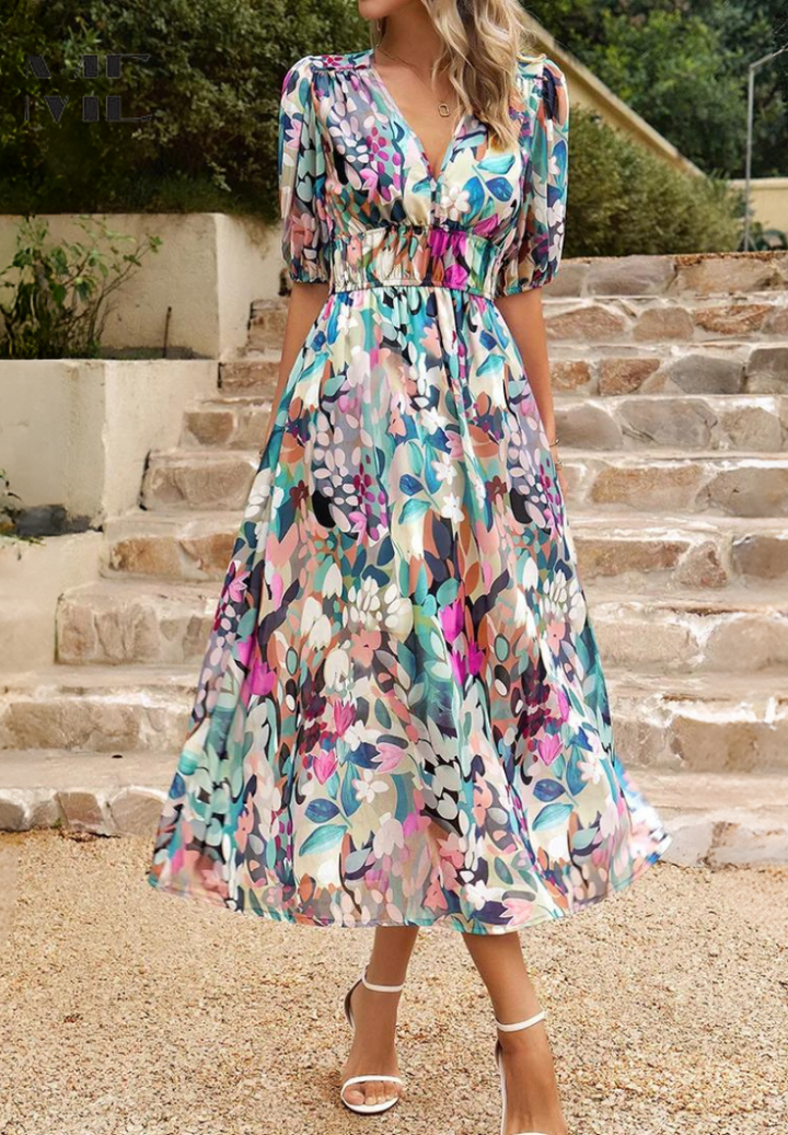 Detail shot of abstract print pattern on Women's Abstract Print Midi Dress in turquoise, pink, and coral tones