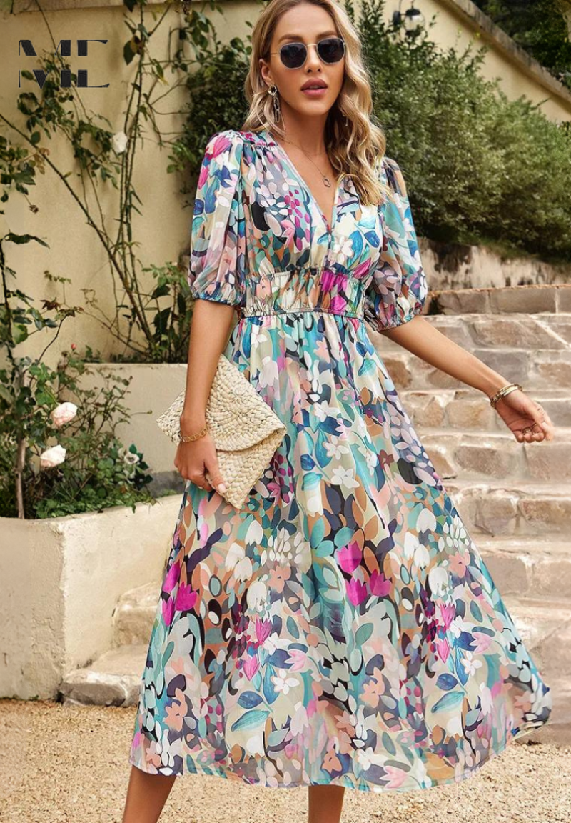 Full-length view of Women's Abstract Print Midi Dress paired with accessories for summer styling