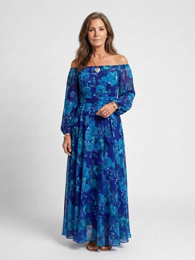Elegant Off-Shoulder Maxi Dress for Women in blue floral print with long sleeves and flowing skirt