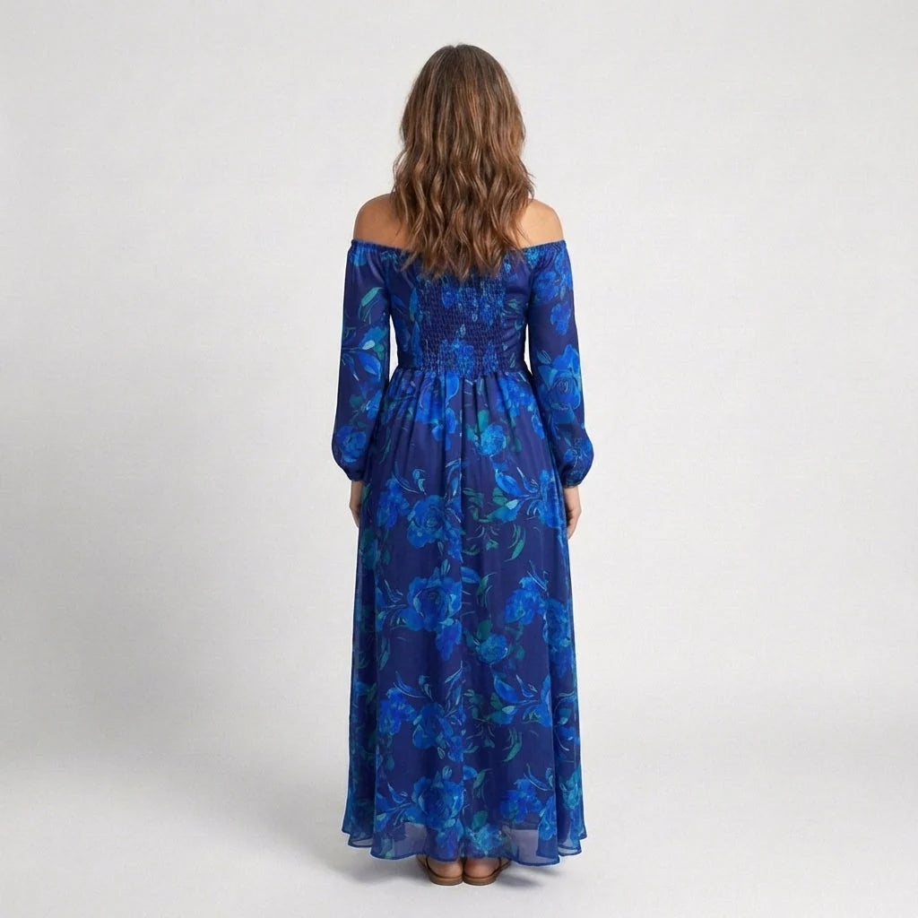 Full-length view of flowing maxi dress with off-the-shoulder neckline and long sleeves