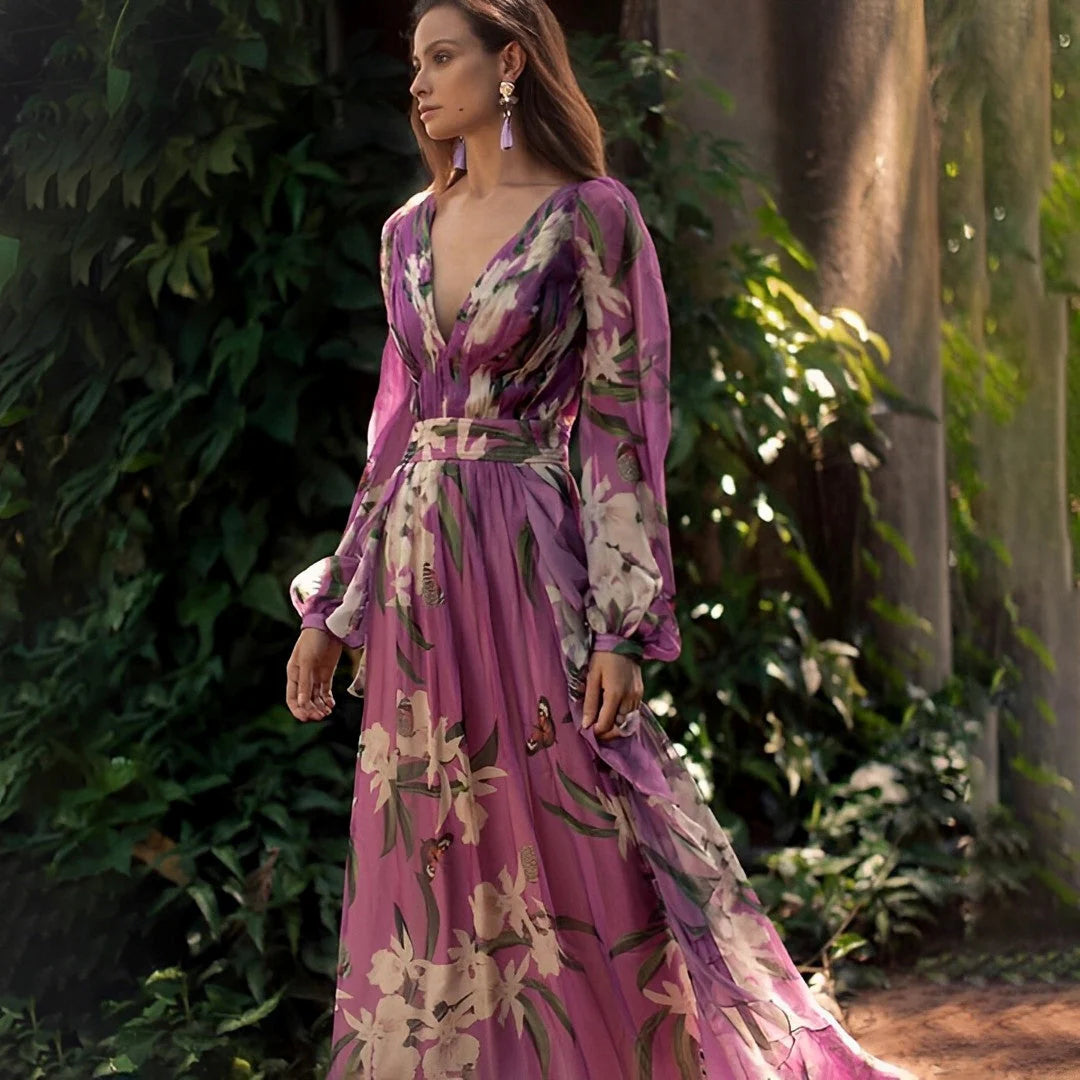 Women's Floral Long Sleeve Flowy Maxi Dress with purple and cream floral print and wrap-inspired V-neckline