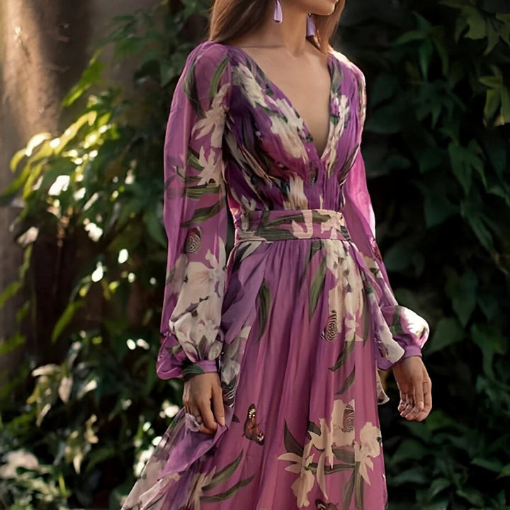 Detail of Women's Floral Long Sleeve Flowy Maxi Dress featuring defined waist and flowing silhouette