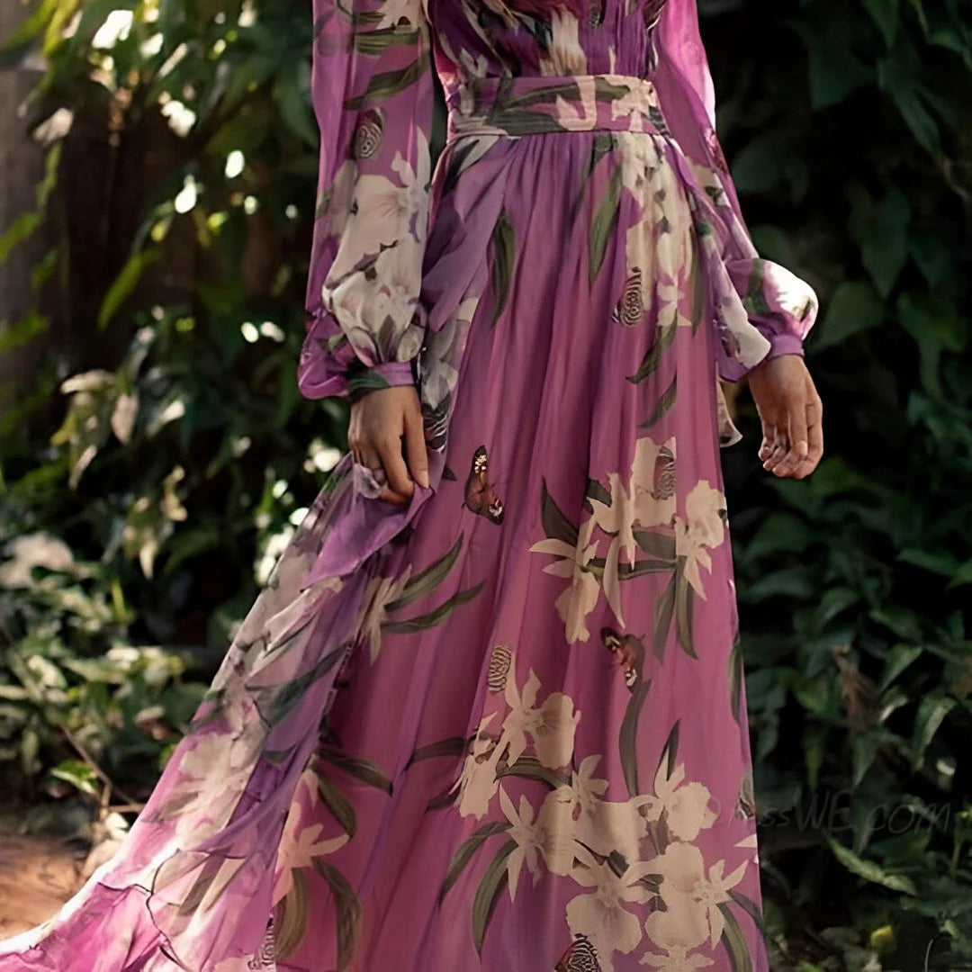Back view of floral maxi dress with lightweight fabric drape and elegant movement
