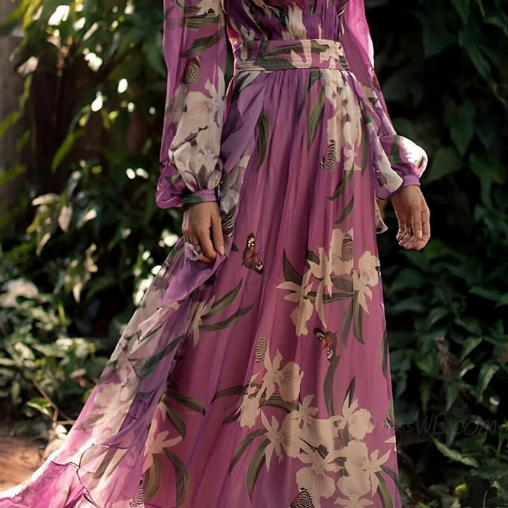 Back view of floral maxi dress with lightweight fabric drape and elegant movement
