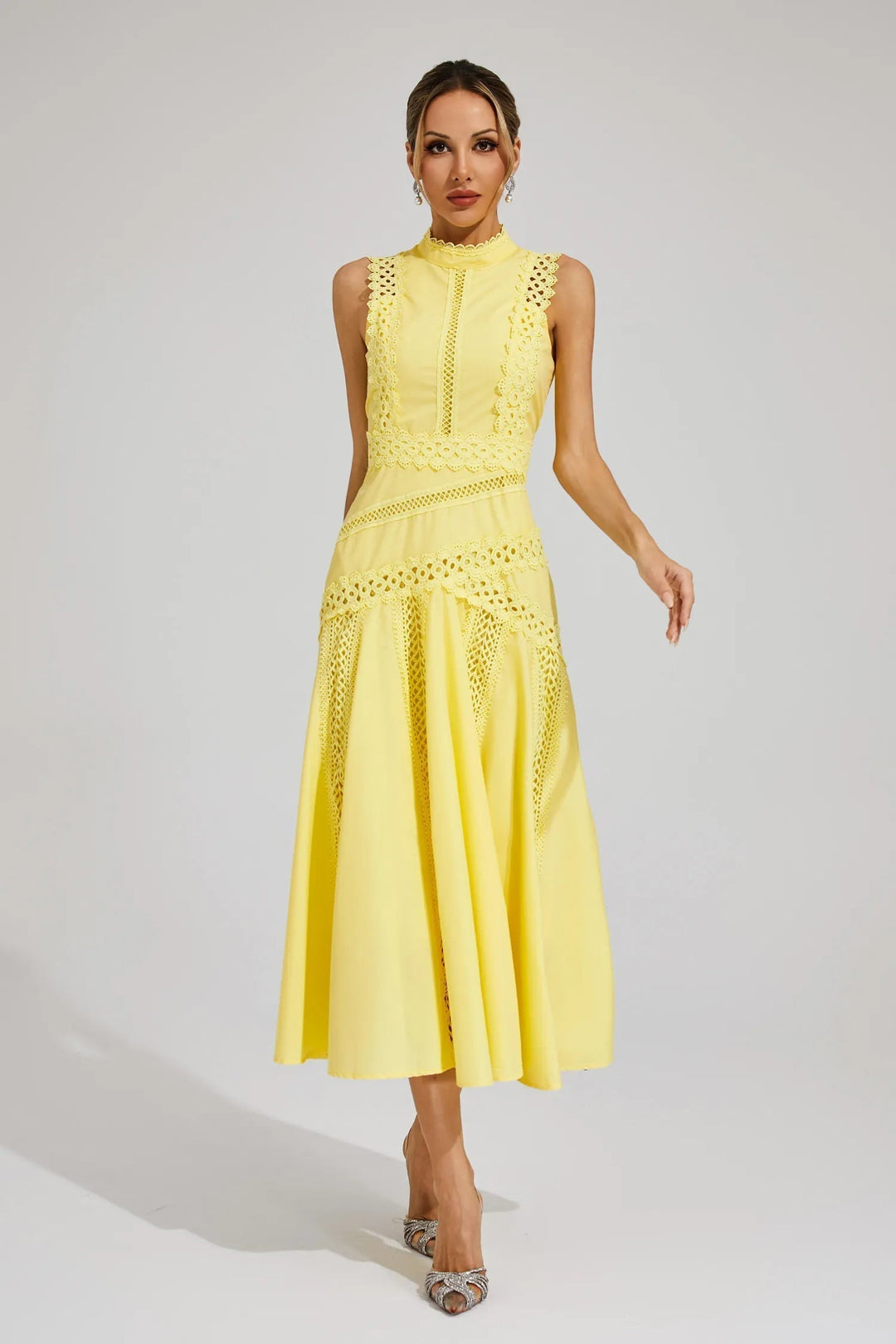 Women's Sleeveless Lace Midi Wedding Guest Dress in yellow with intricate lace detailing and flared skirt