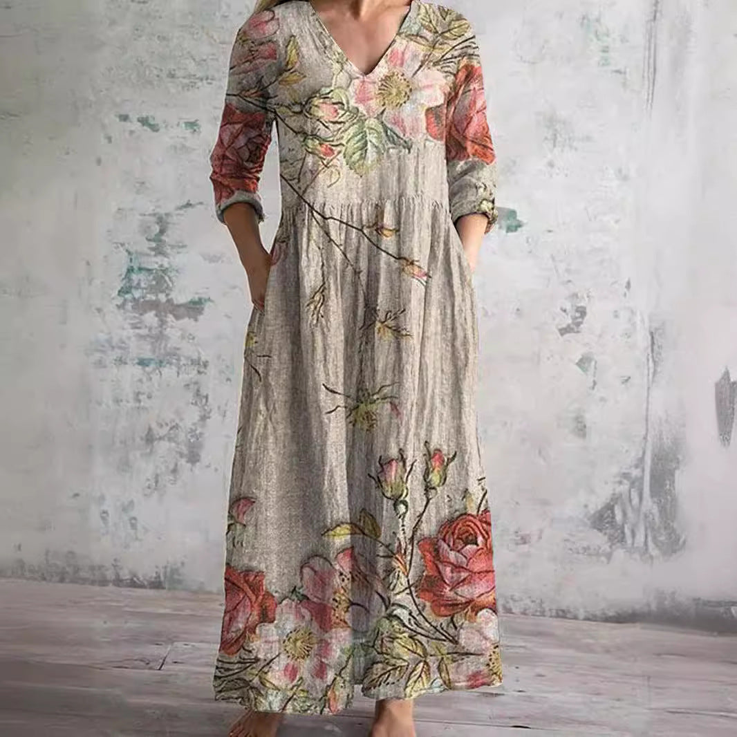 Women's Summer Dress with V-Neck and Floral Pattern in beige with large rose botanical print and three-quarter sleeves