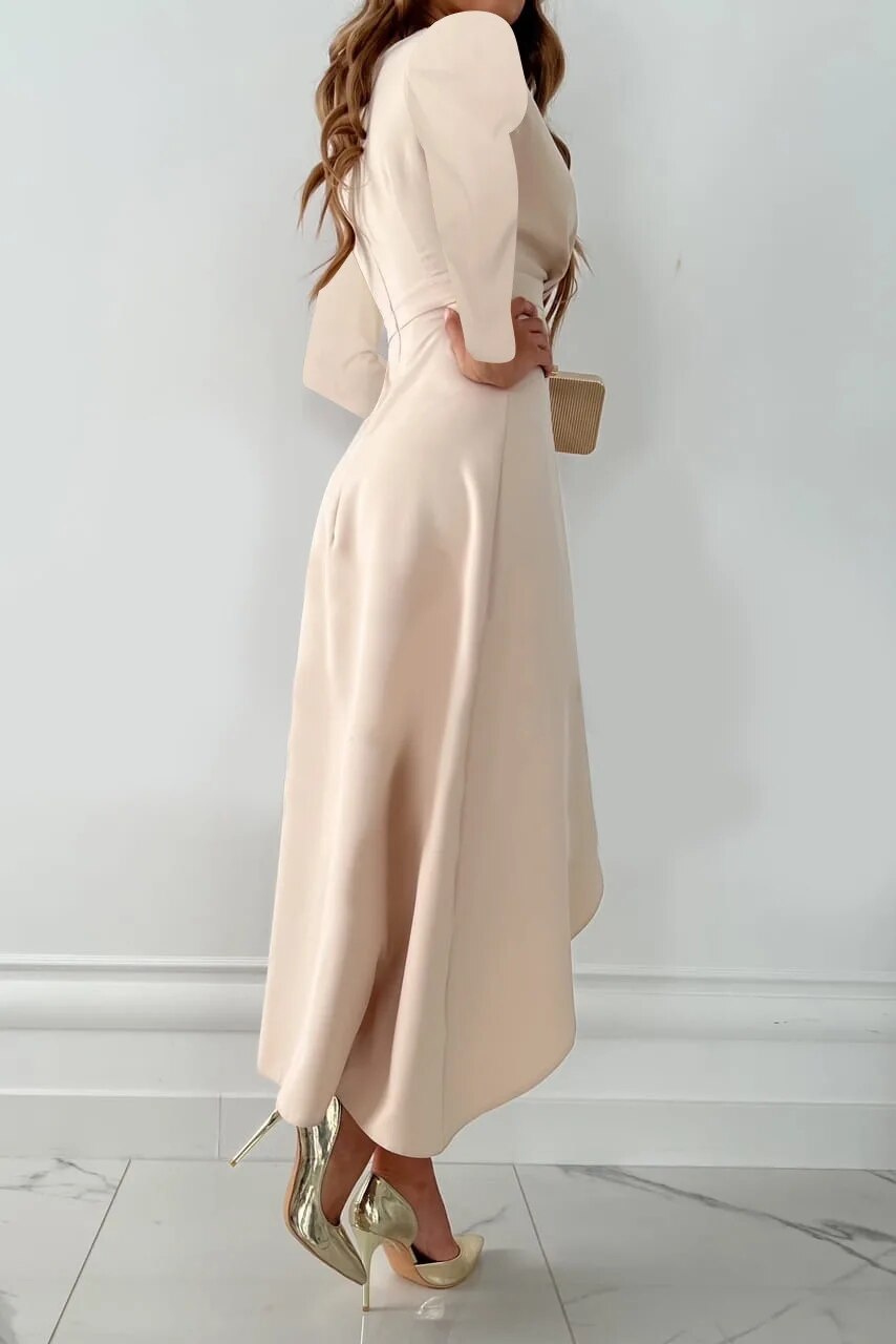 Close-up view of V neckline and sheath bodice on Women's V Neck Sheath Midi Dress Slit