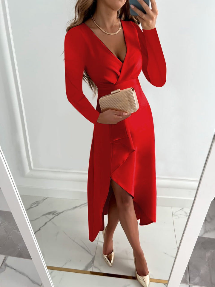 Full-length view of Women's V Neck Sheath Midi Dress Slit styled with heels