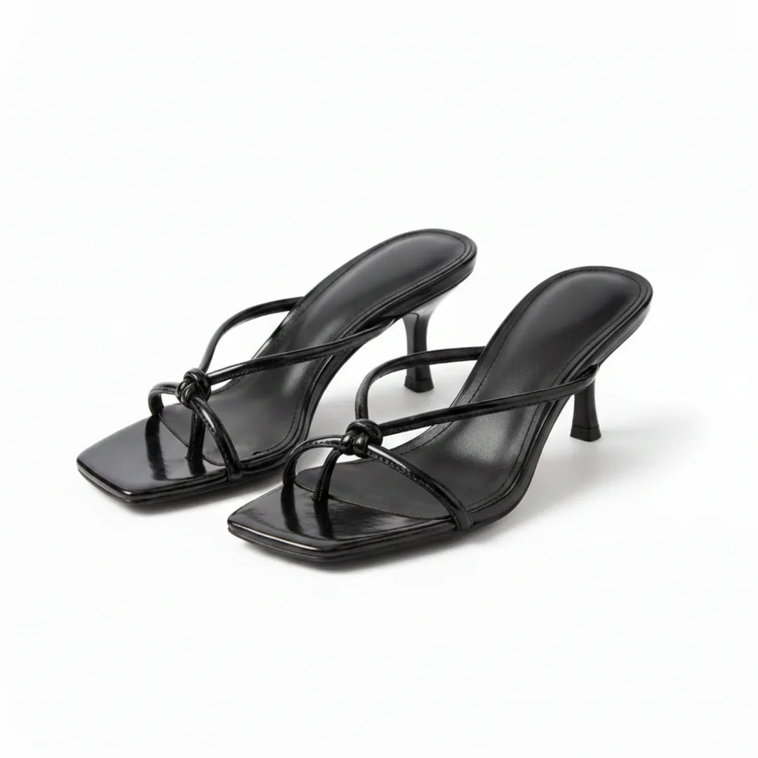 Women's heeled sandals from above showing square toe shape and strap placement