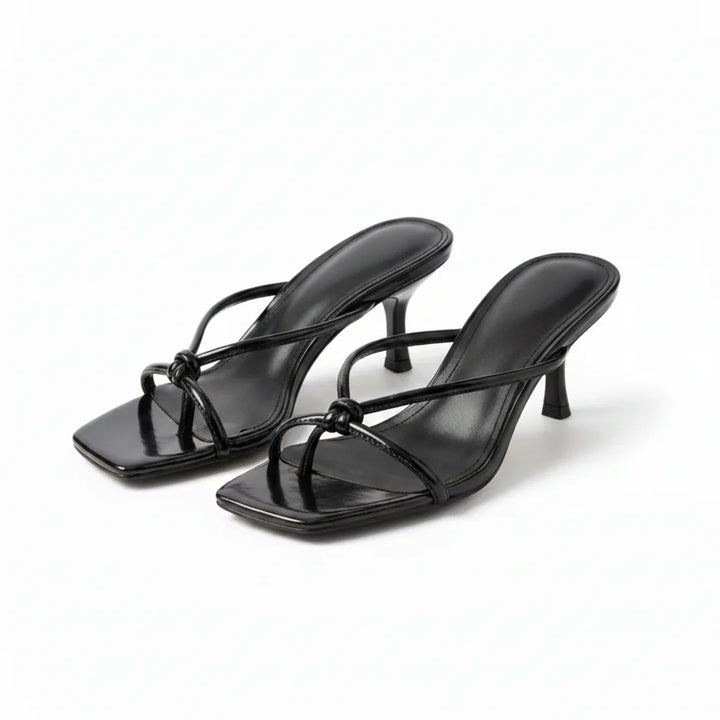 Women's heeled sandals from above showing square toe shape and strap placement