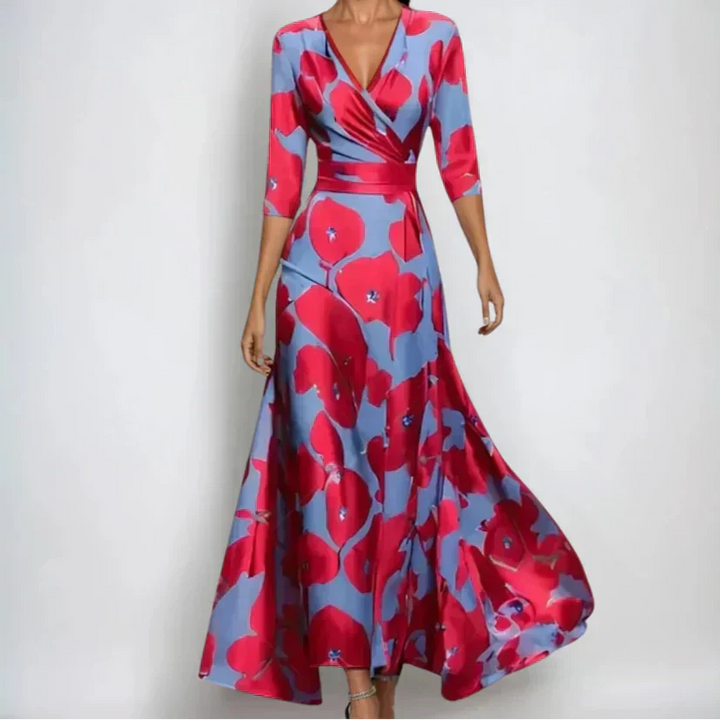 Full-length view of botanical print wrap maxi dress with flowing skirt and adjustable waist