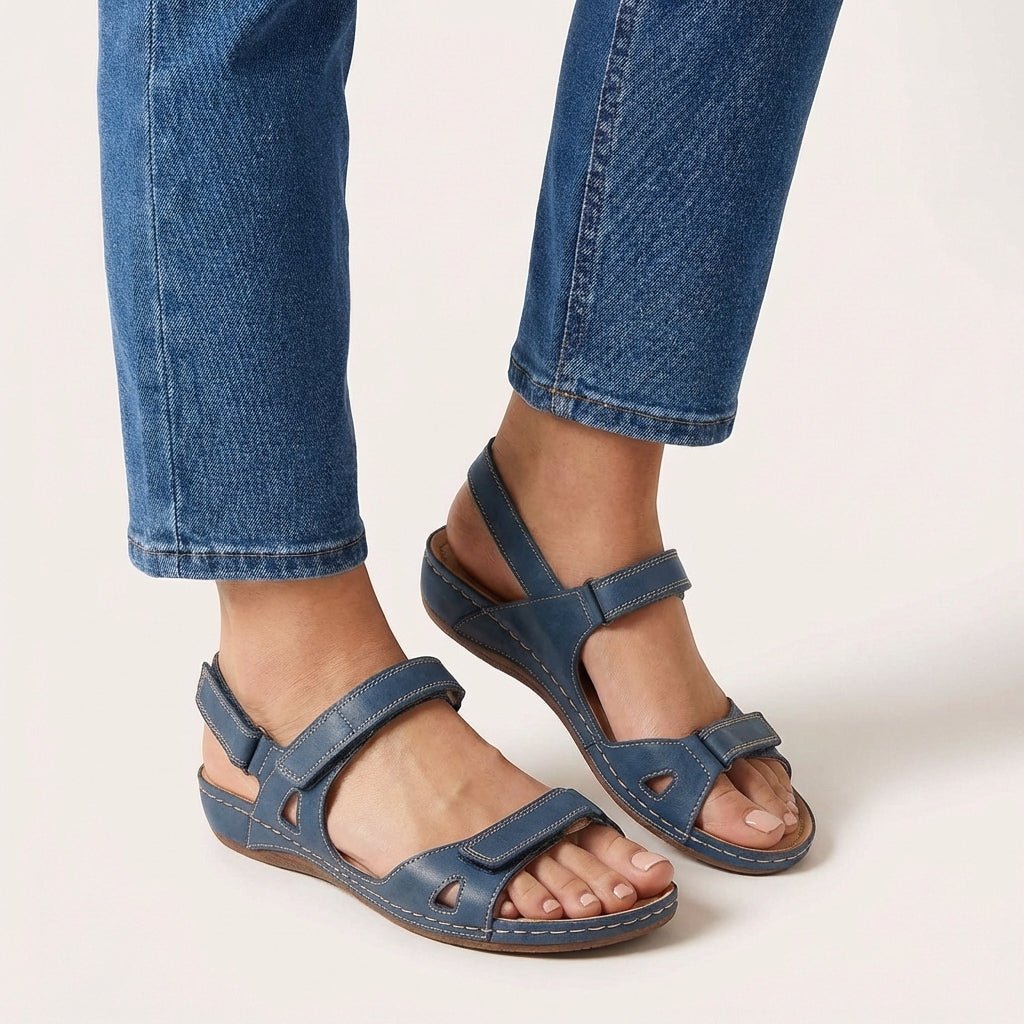 Lyra Orthopedic Sandals Adjustable Strap Open Toe Comfort in blue with contoured footbed and hook-and-loop straps
