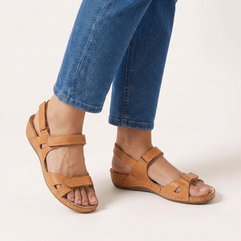 Close-up of adjustable hook-and-loop straps on Orthopedic Sandals Adjustable Strap Open Toe Comfort with contrast stitching detail