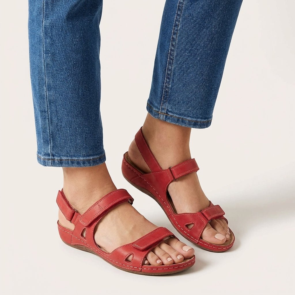 Orthopedic Sandals Adjustable Strap Open Toe Comfort worn with cropped denim trousers for casual summer styling