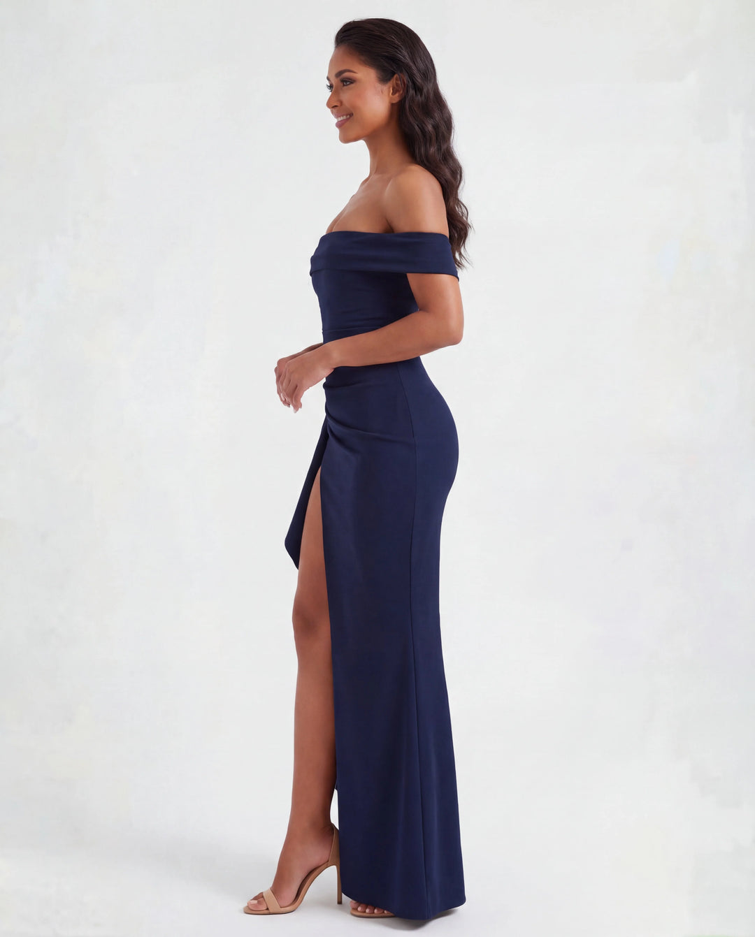 Off-shoulder formal maxi dress with ruched detailing and thigh-high side opening