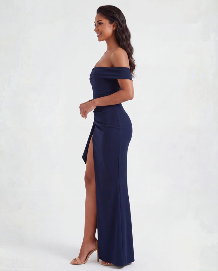 Off-shoulder formal maxi dress with ruched detailing and thigh-high side opening