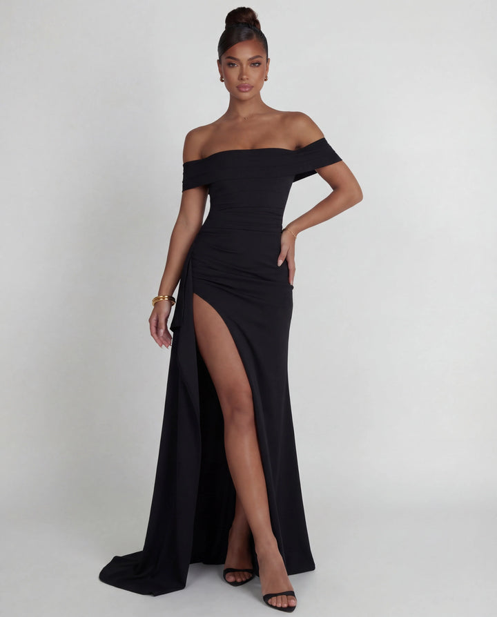 Formal off-shoulder maxi dress with bodycon silhouette and dramatic thigh-high opening