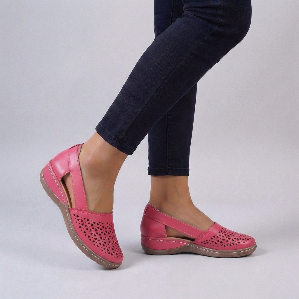 Women's Orthopedic Scalloped Cut-Out Comfort Sandals styled with casual trousers for everyday wear