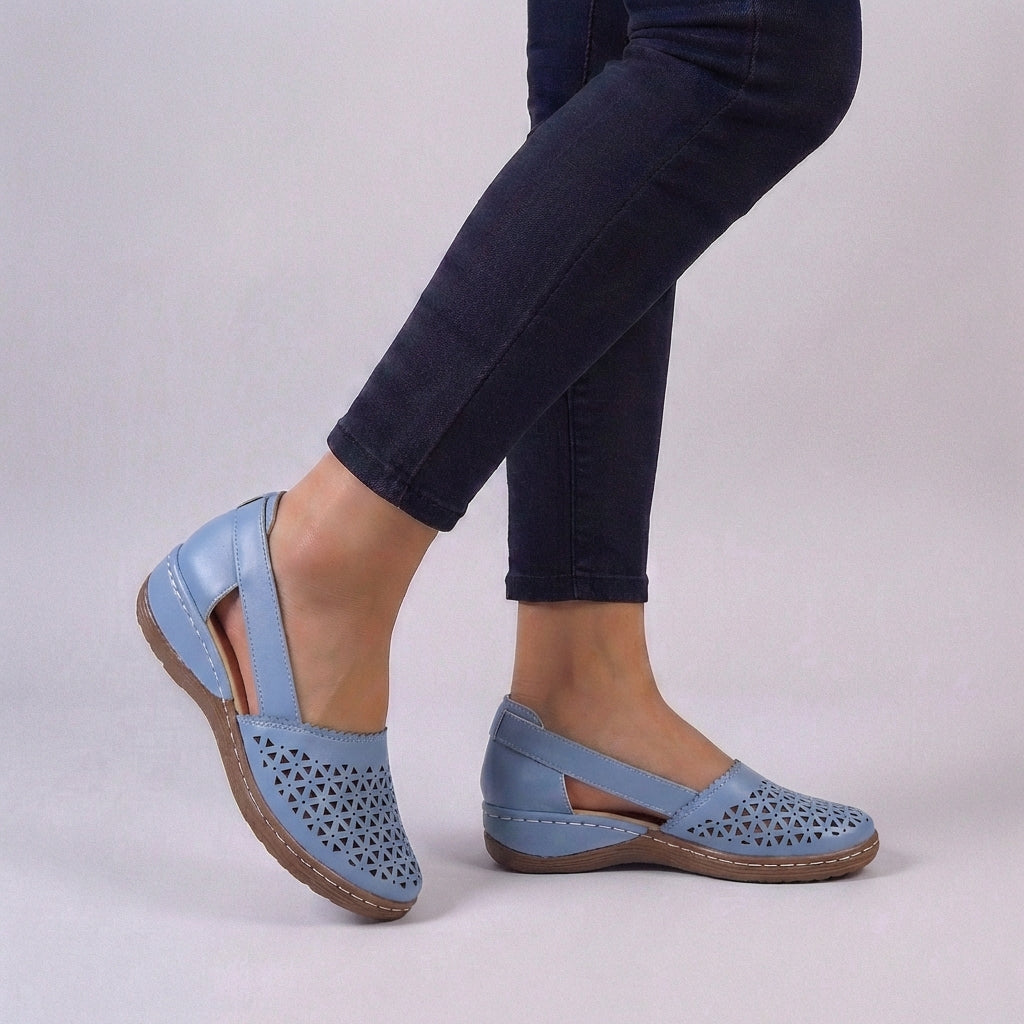 Detail shot of intricate scalloped perforations on Women's Orthopedic Comfort Sandals upper