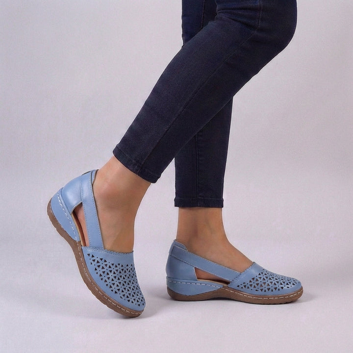 Detail shot of intricate scalloped perforations on Women's Orthopedic Comfort Sandals upper