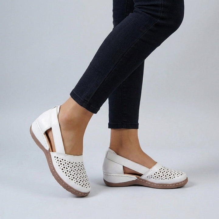 Full view of Women's Orthopedic Scalloped Cut-Out Comfort Sandals showing closed-toe silhouette and decorative cut-outs