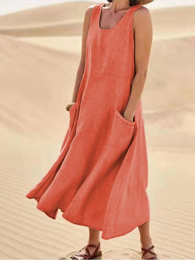Side view of Women's Sleeveless Pocket Maxi Casual Dress highlighting functional pocket detail and mid-calf length