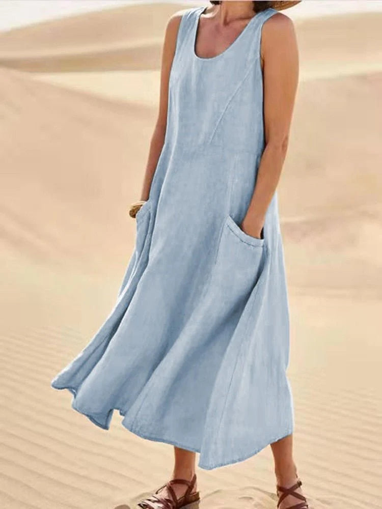 Full-length view of Women's Sleeveless Pocket Maxi Casual Dress showing breezy silhouette and natural texture