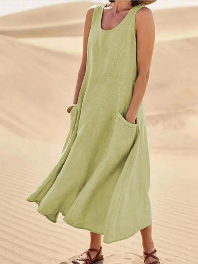 Detail shot of Women's Sleeveless Pocket Maxi Casual Dress fabric showing soft drape and breathable feel
