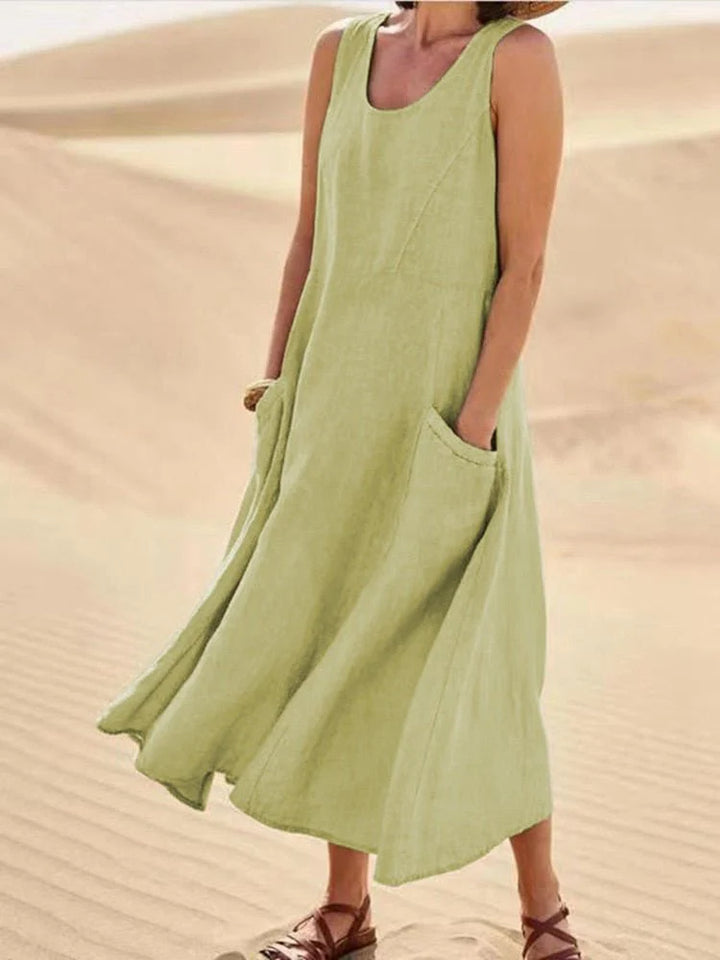 Detail shot of Women's Sleeveless Pocket Maxi Casual Dress fabric showing soft drape and breathable feel