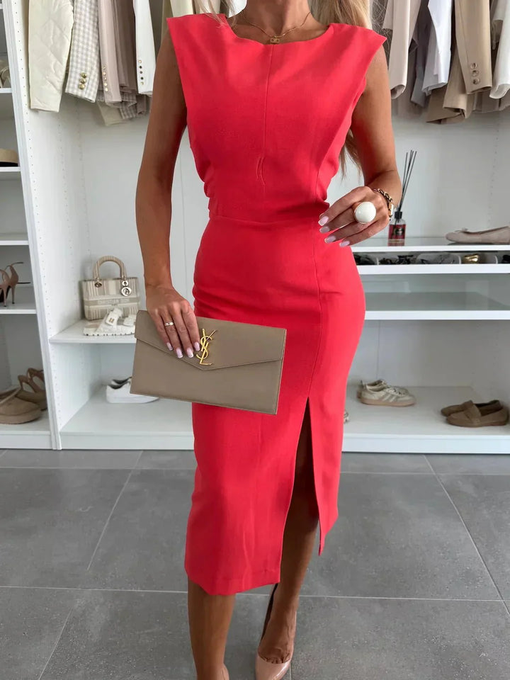 Woman styling bodycon midi dress with strappy heels for evening occasion
