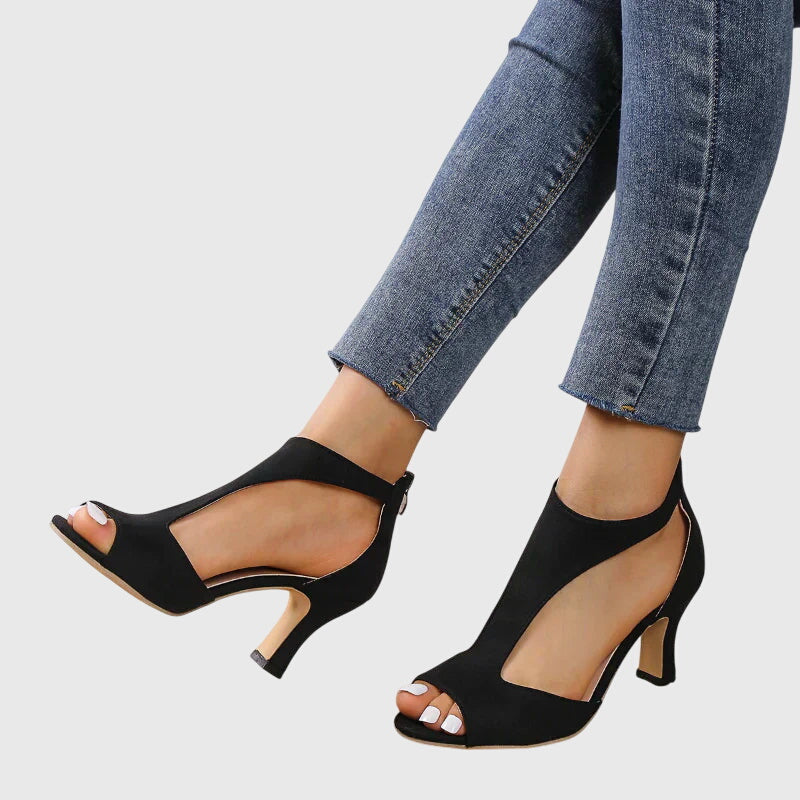 Full view of orthopedic peep toe heels demonstrating versatile silhouette for formal and casual wear
