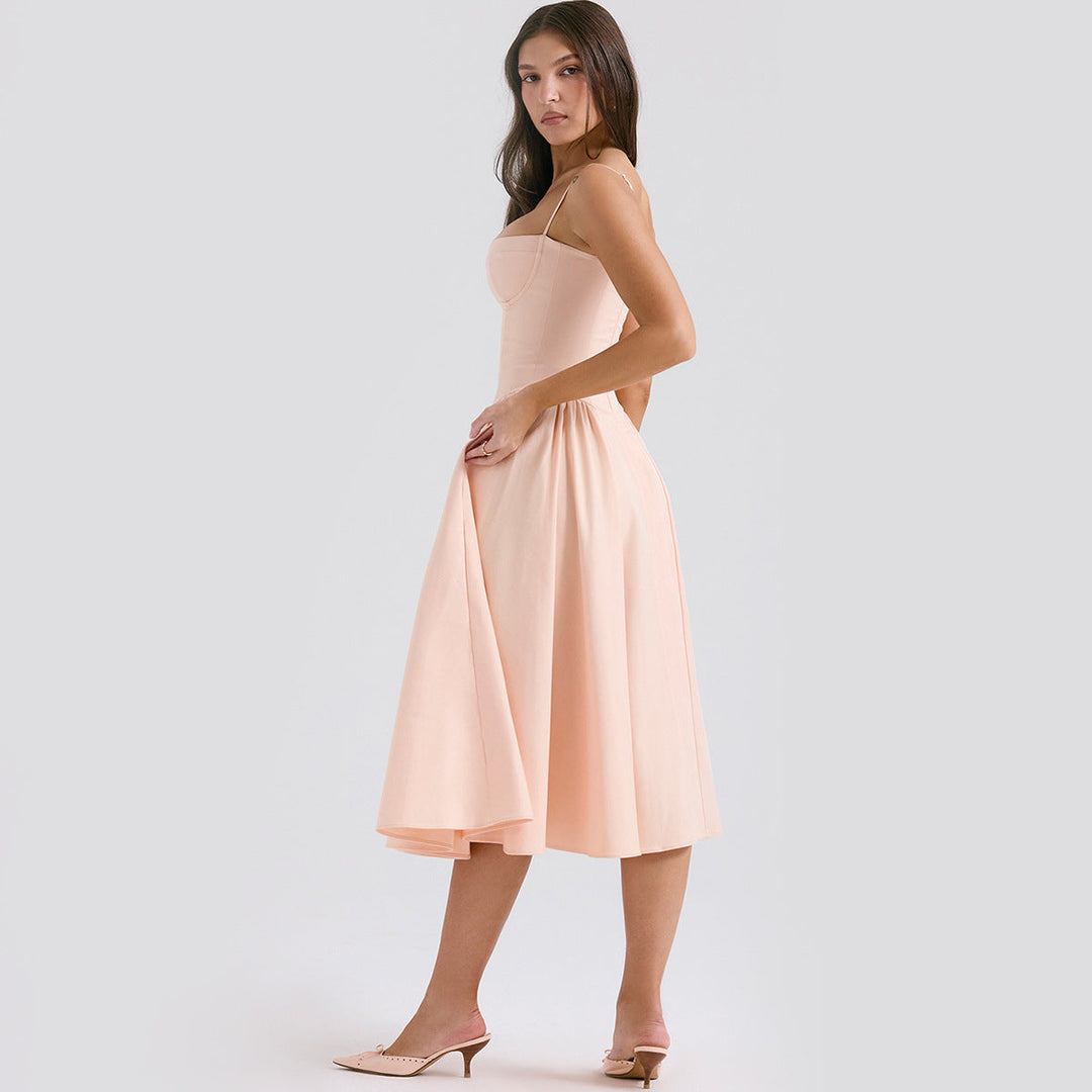 Back view of the corset midi dress with adjustable straps and zip closure