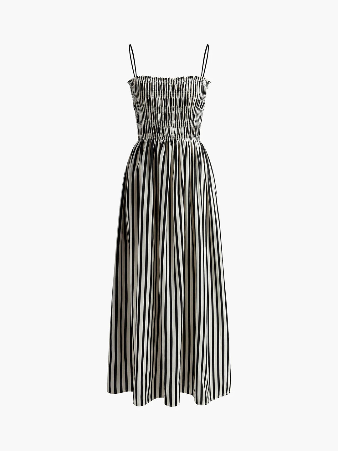 Back view of sleeveless pinstripe long dress revealing open back and adjustable strap detailing