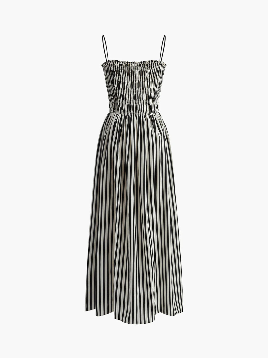 Sleeveless pinstripe long dress worn casually showing versatile styling for warm-weather occasions