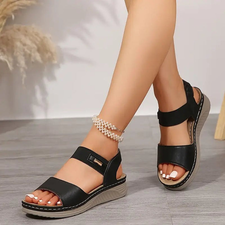Rear view of Women's Comfort Sandals Adjustable Straps showing heel support and wedge construction
