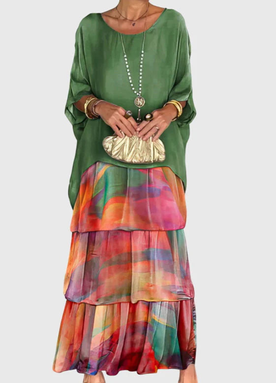 Womens Boho Layered Maxi Shorts Dress with green oversized top and vibrant multicolour tiered skirt