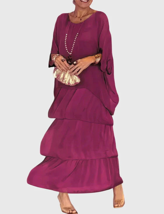 Full silhouette of womens boho dress showing three-tier design and relaxed bohemian fit