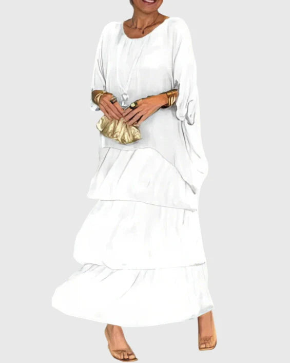 Close-up of boho dress neckline and dolman sleeve detail with comfortable stretch fabric