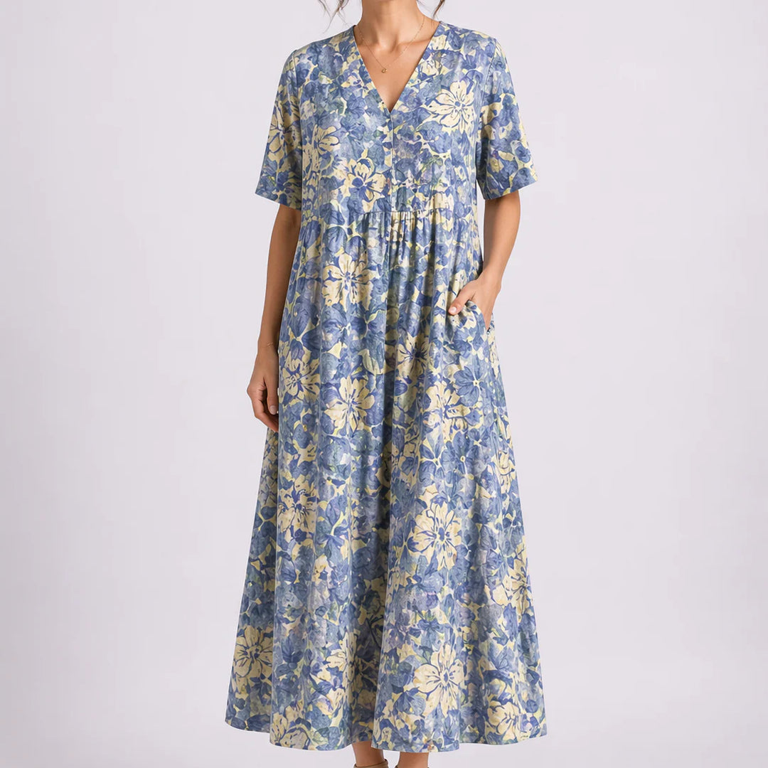 Floral midi dress with V-neckline and short sleeves in blue and yellow print