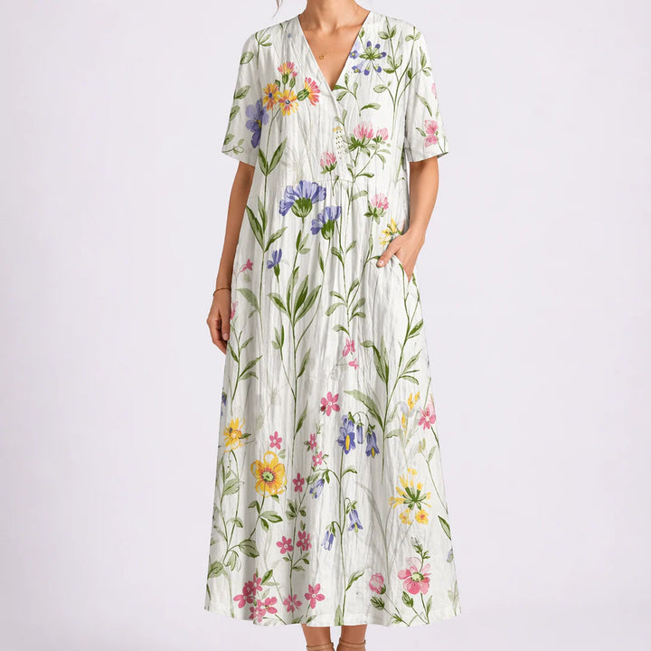 Floral midi dress V-neckline detail with button-front closure and print pattern