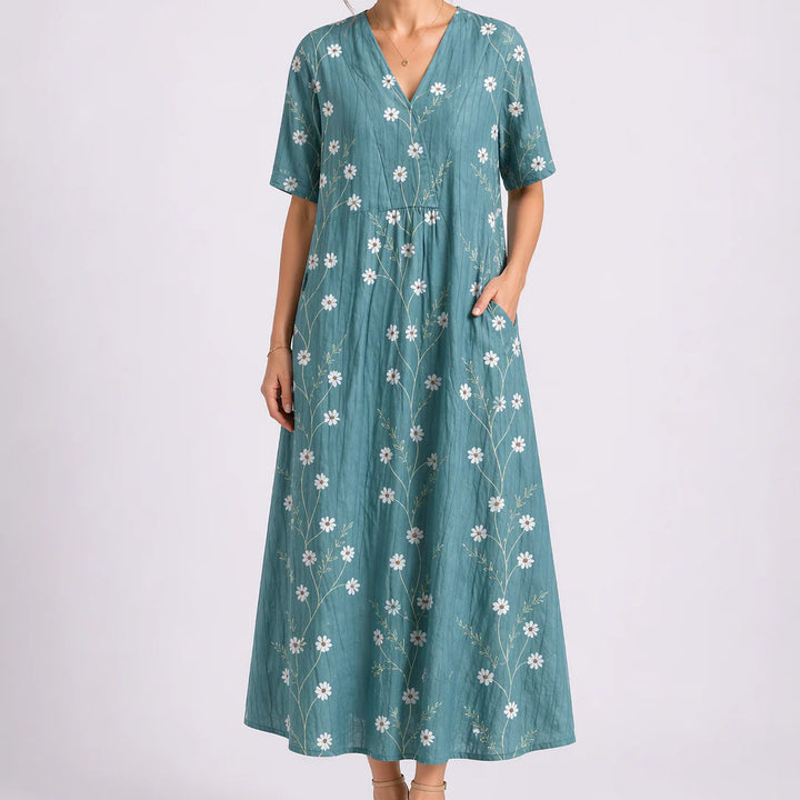 Floral midi dress short sleeve detail and side pocket placement on skirt