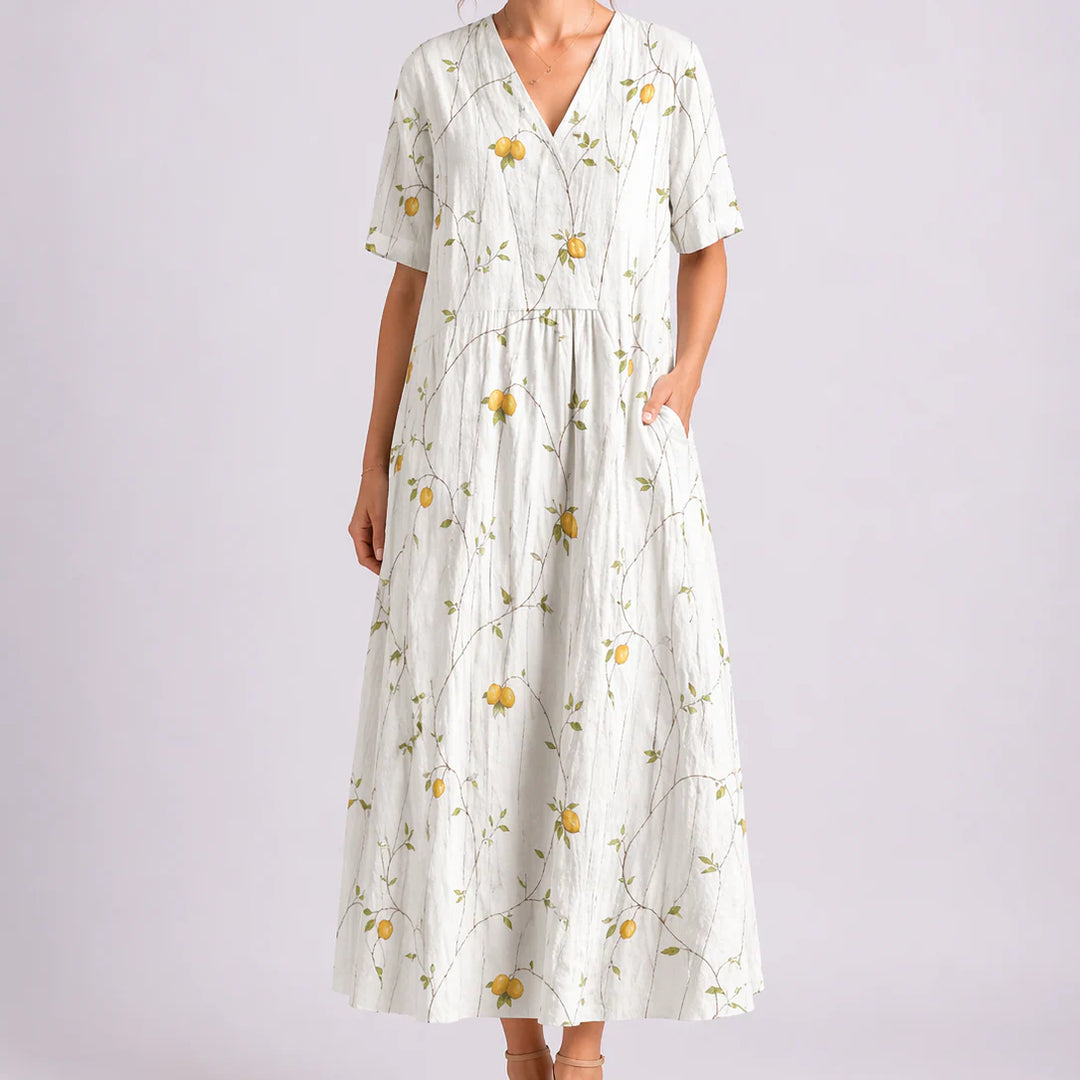 Floral midi dress worn casually showing relaxed fit and comfortable drape